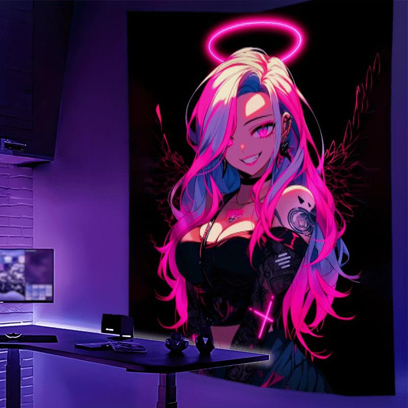 Neon Angel with Halo Tapestry Wall Decor for Bedroom Cozy Atmosphere Futuristic Home Style and Celestial Glow Enhancement