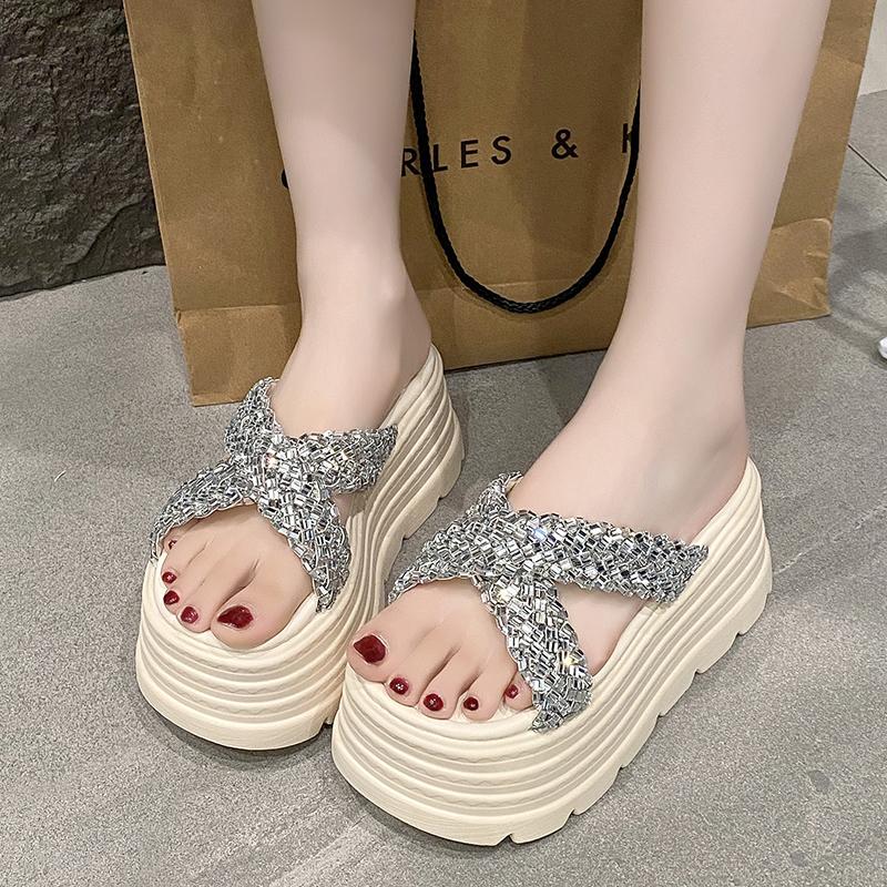Fashion New 8CM Summer Women Slippers Flip-Flops Ladies Beach Bling Shoes Wedge Heels Shoes Woman High Platform Slippers Outside Sandals