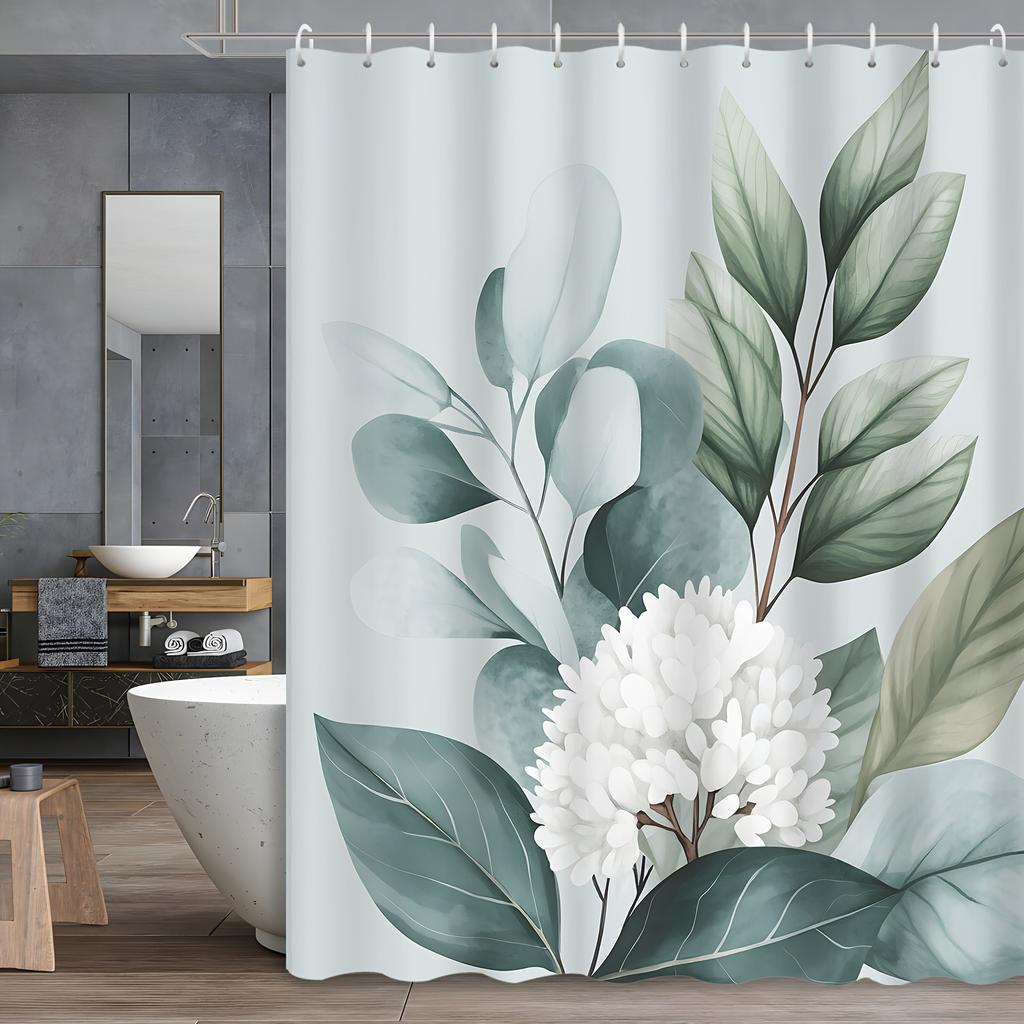 1pc Eucalyptus Leaf Greenery White Floral Shower Curtain, Printed Shower Curtain with Hooks, Polyester Fabric, Machine Washable