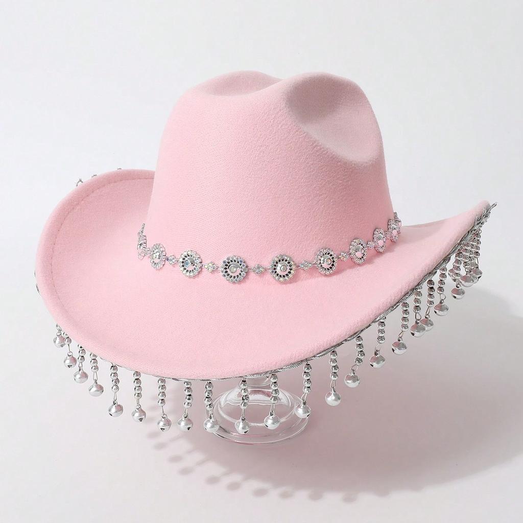 European and American Women's Western Cowboy Top Hat Simple Rhinestone Ringing Bell Fringed Design Jazz Hat Wedding Ball