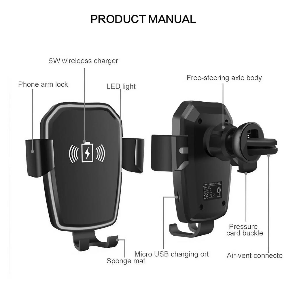 Wireless Car Charger Mount Qi Fast Charging Holder with LED Indicator Auto Clamping Air Vent Grip for Smartphones