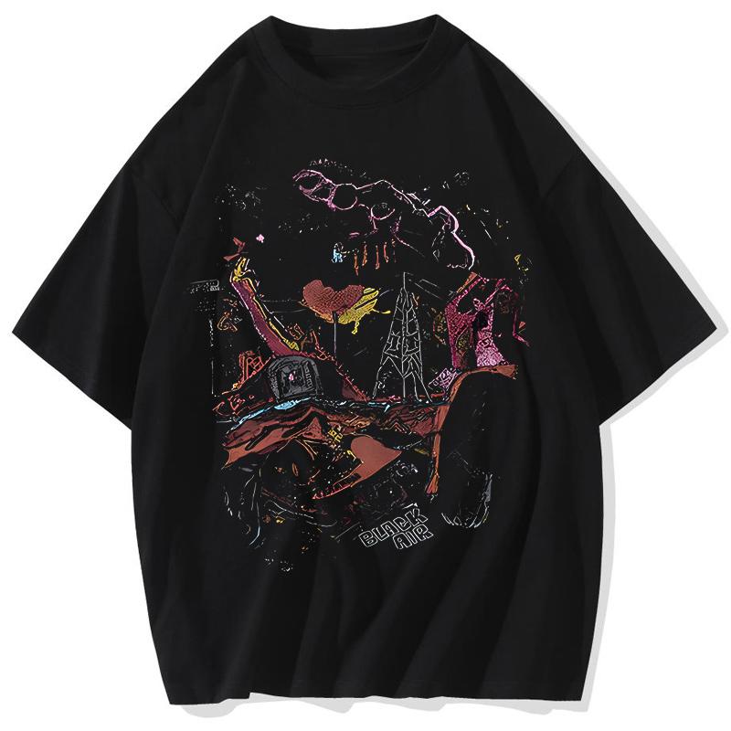 

Футболка для мужчин, черная, винтажная, стираная, Harajuku Streetwear, свободные футболки в стиле хип-хоп, мужская футболка с рваным рисунком и принтом S