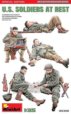 Miniart 1/35 Scale US Army Soldiers At Rest (5-Piece Set) Special Edition Plastic Model Kit with Infantry Weapons and Equipment (MA35318)