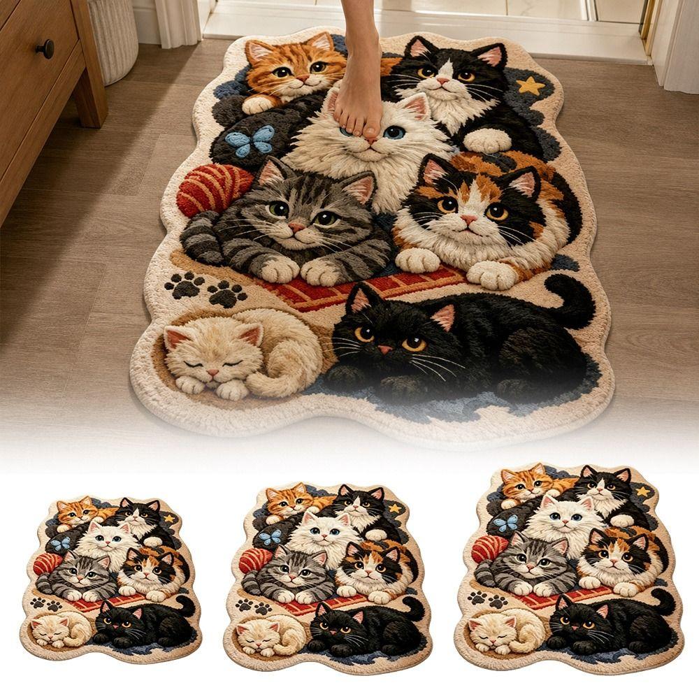 Plush Cat Print Rug Washable Carpet New Cat Floor Mat Bedroom Bedside