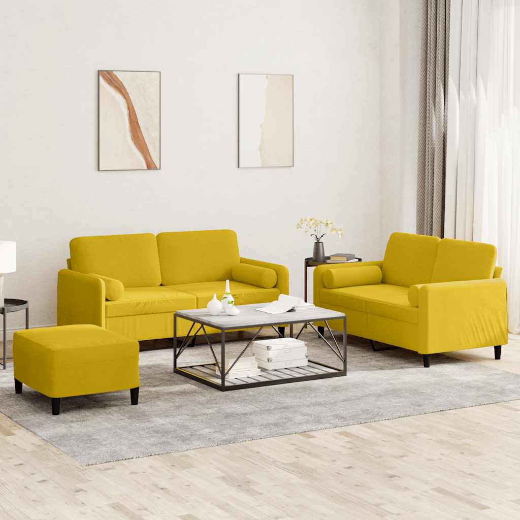 3 Piece Sofa Set with Cushions Yellow Velvet