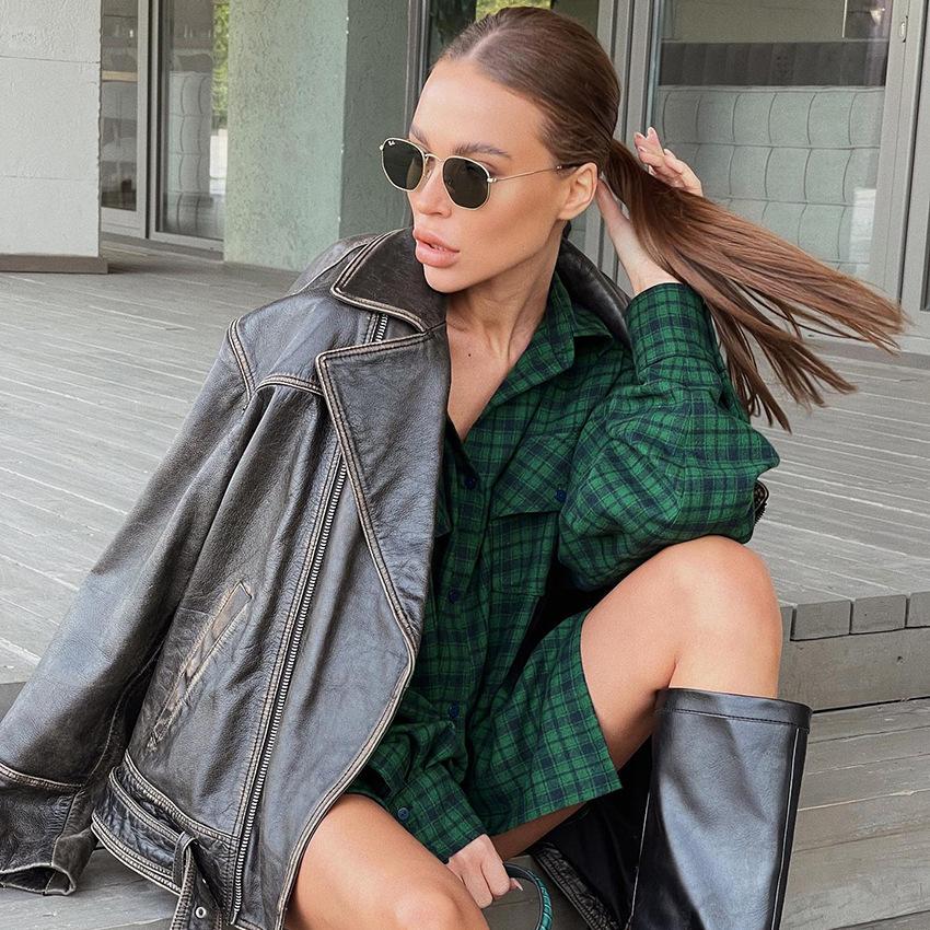 New American Retro Green Plaid Shirt Niche Loose Long Sleeve Shirt Women