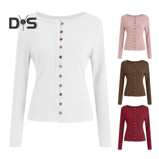 Женские трикотажные топы с круглым вырезом и длинным рукавом — фото 13