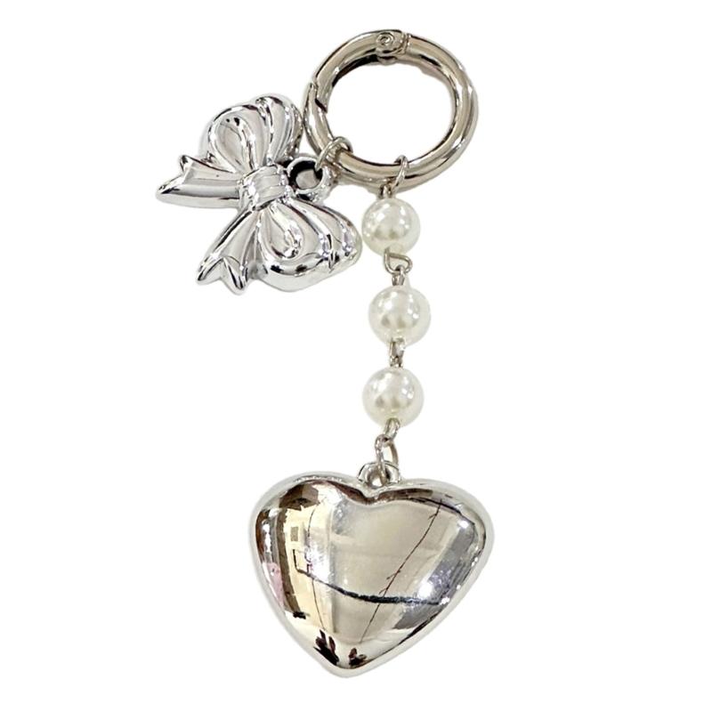 Fashionable Heart Pendant Stylish Bowknont Keychain Bag Charm Earphone Accessory Elegant Pearl Bowknot Heart Charm 1