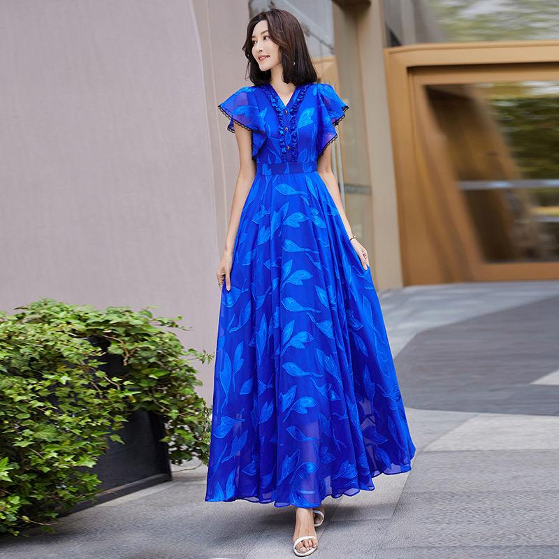 French Style Chiffon Summer Dress Women Long Elegant Beach Dress with Flowy Hem