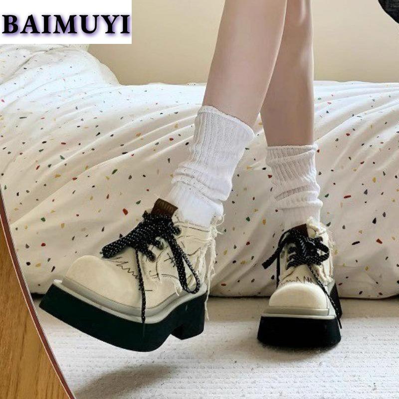 Botines Cowboy Mujer Zapatillas de Plataforma Zapatos Casuales Chunky Mujer Otoño 2025 Diseño de Tendencia Lona con Cordones Zapatos Mujer Botas