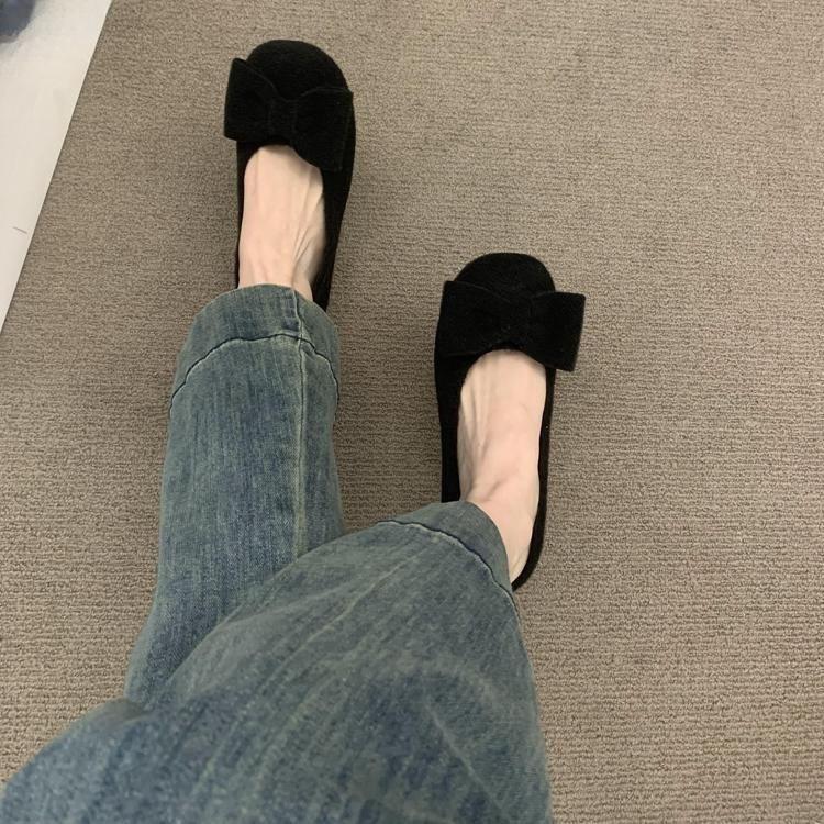 French Flat-bottomed Gray Bow Mary Jane Shoes Are Versatile and Not Tired. Women's Soft-soled Ballet Single Shoes