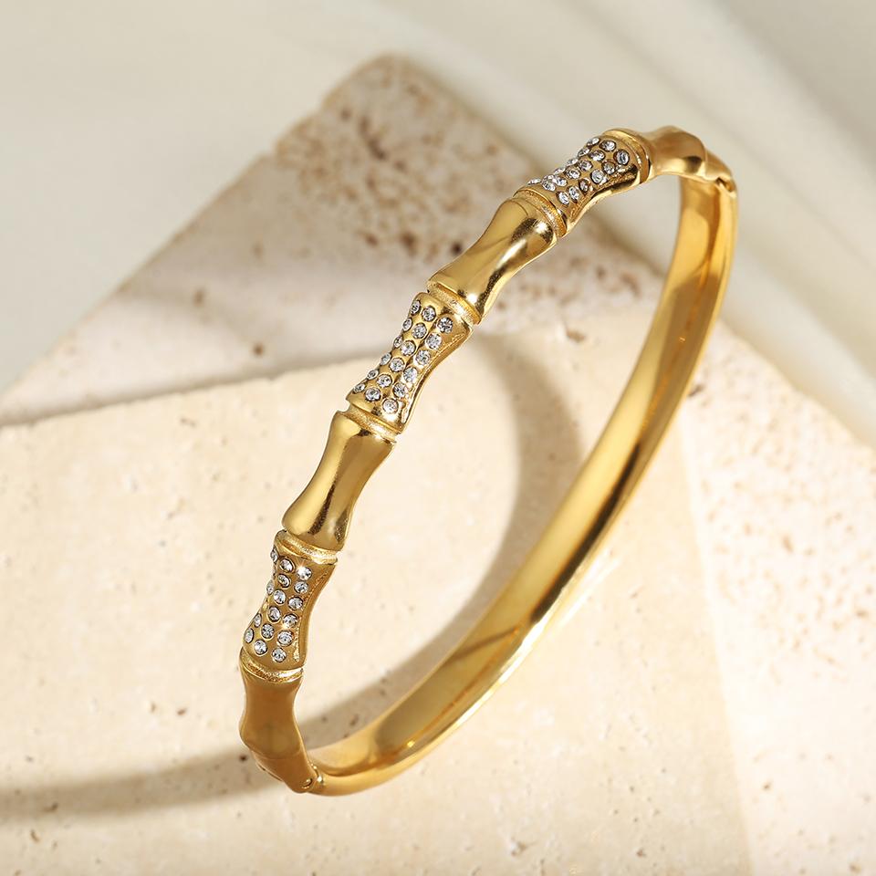 Htpwe Stainless Steel Bone Diamond Bamboo Bracelet Women 18k Gold Couple Holiday Gift Non-fading Bracelet Party Daily Zircon