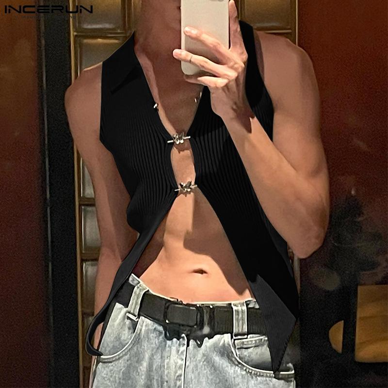 

INCERUN Men Lapel Neck Sleeveless Metal Button Fitted Rib Tank Tops 3XL червоний