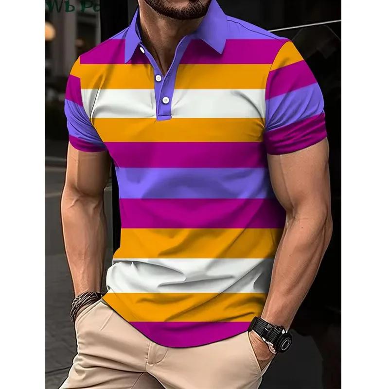 Striped Printed Men's Shirt, Men's Polo Street Men's Clothing, Loose Men's Polo Shirt