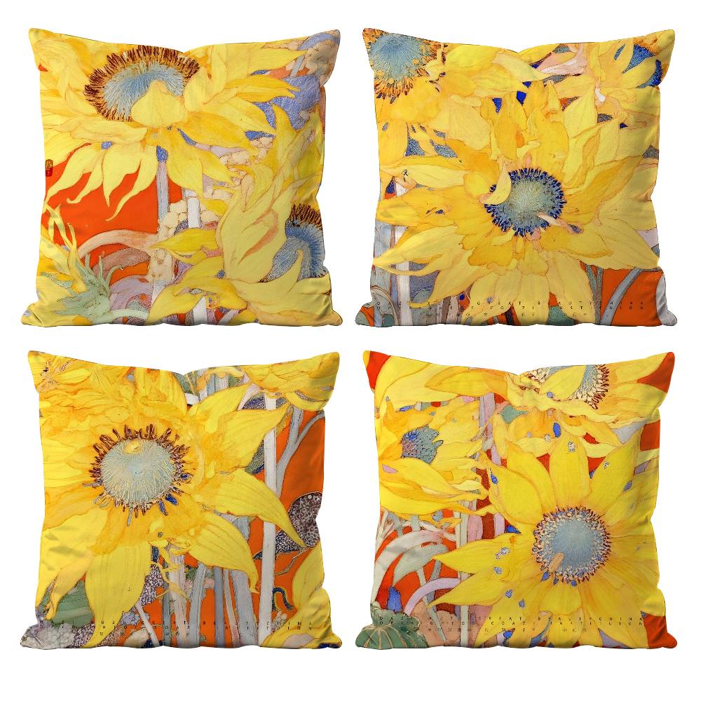 Art sunflower Pillow Case Anti-dustmite Pillowcase Invisible zipper silky short plush Sofa cushion cover
