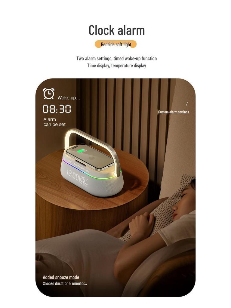 Multifunction Wireless Bluetooth Speaker with Charging, Desktop Clock, Alarm, Subwoofer, Night Light, and Stand