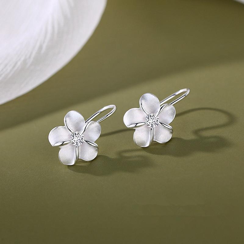 Real 925 Silver Zircon Flower Ear Hook Stud Earrings For Women Elegant Plant Fine Jewelry Light Accessory