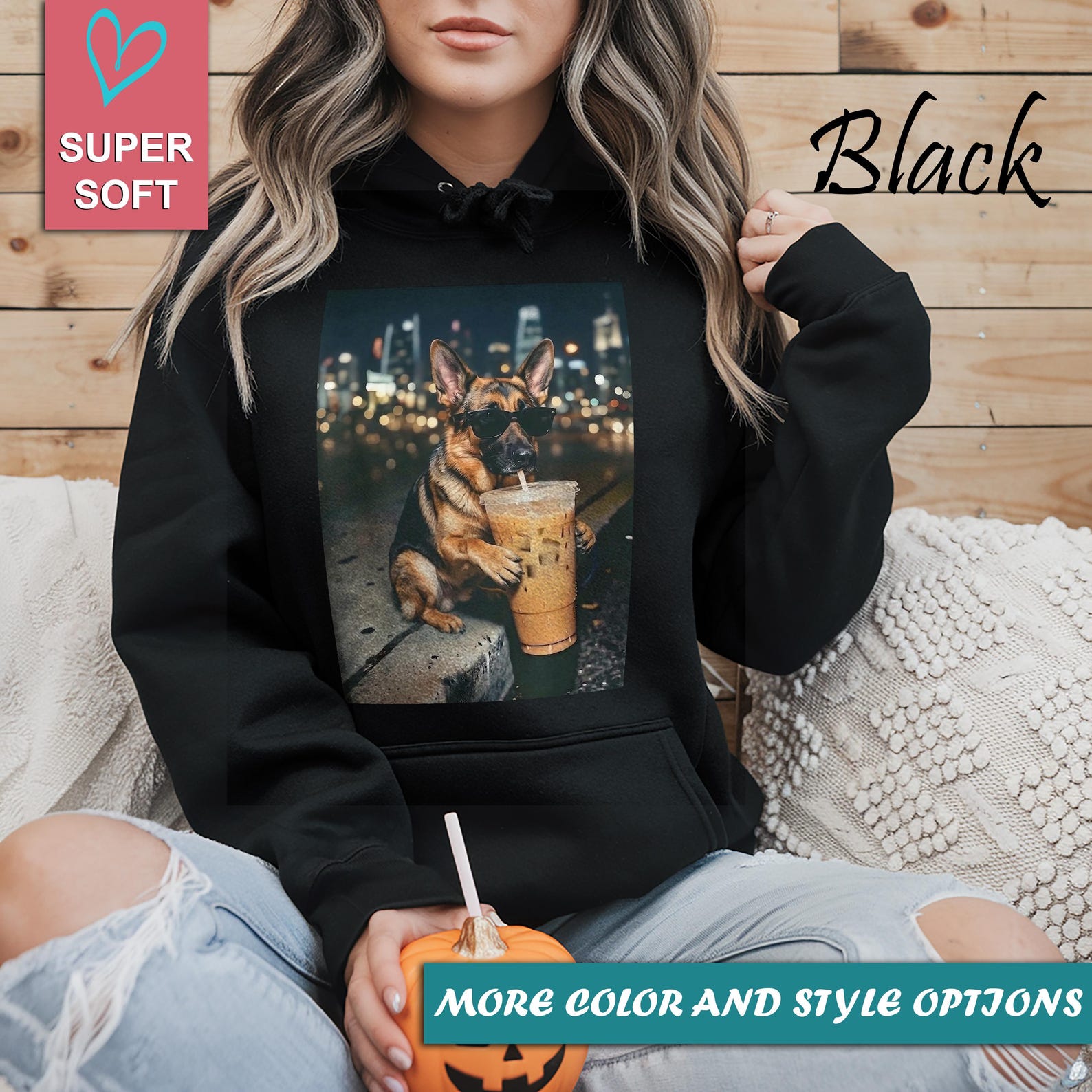 Funny German Shepherd Drinking Iced Coffee Shirt, Cool Dog with Sunglasses Graphic Tee,Aesthetic Pet Lover Gift, Trendy Dog Mom Shirt L