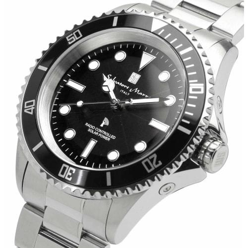 Salvatore Marra Men's Watch, Radio-Controlled Solar Watch, Unidirectional Rotating Bezel, 10 ATM Water Resistance, Italian Brand, Silver and Black, SM