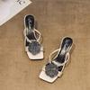 Fashion Diamond-shaped Camellia High-heeled Flip-flops for Women To Wear in Summer, Square-toed Thin Heels