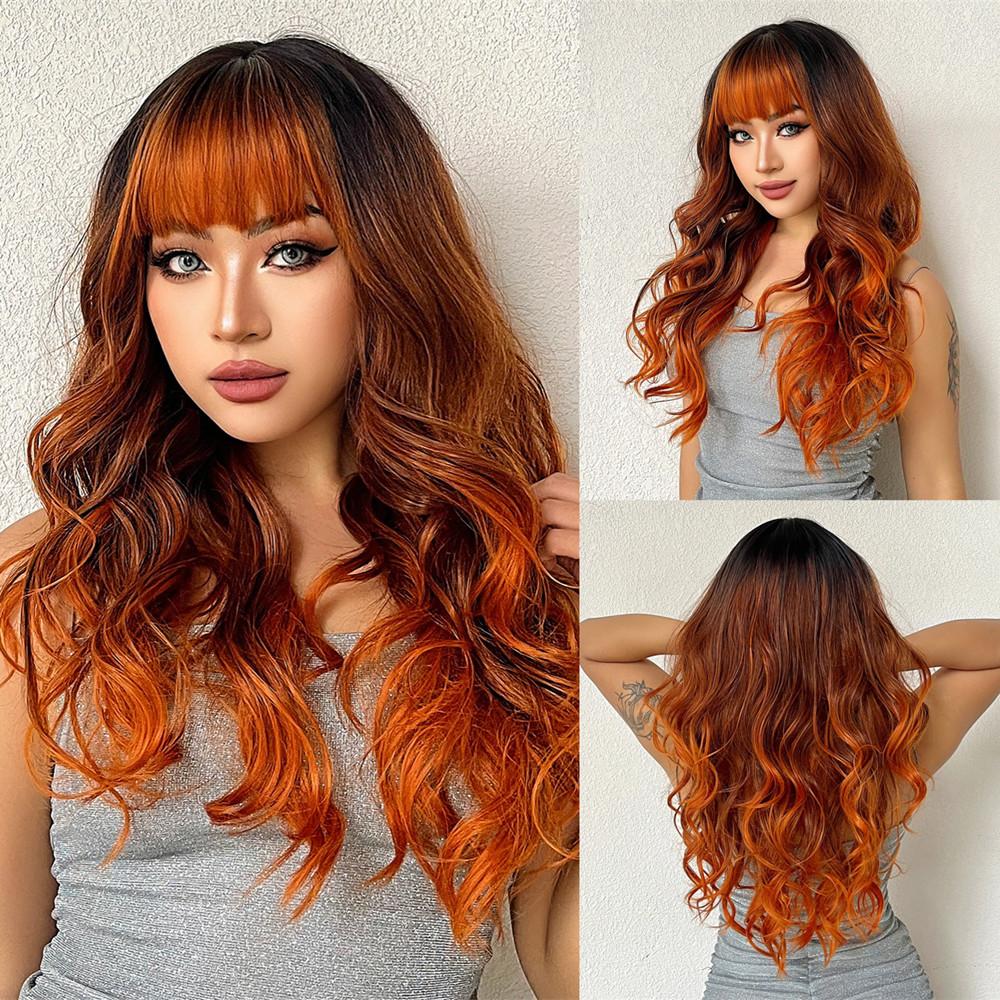 ALAN EATON Long Orange Synthetic Wig Water Wavy Wig with Bangs for Women Realistic Fake Hair Halloween Party Use Heat Resistant Cosplay Use