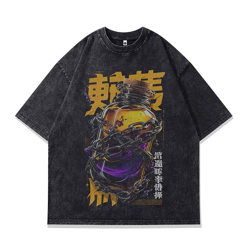 Summer New Men'S T-Shirt Dark Wind Japanese Abstract Printing Washed Retro Short-Sleeved Vintage T-Shirt For Men And Women
