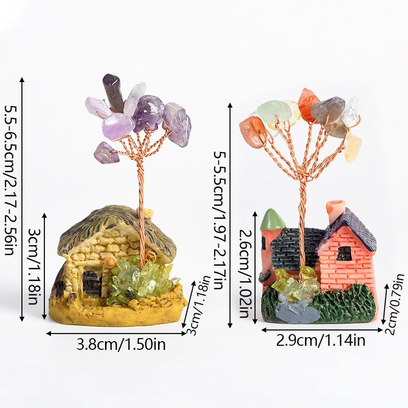 Crystal Mini House Ornament Decorative Crafts Natural Crystal Tree Crushed Stone Wealth Tree Cabin Garden Home Decoration