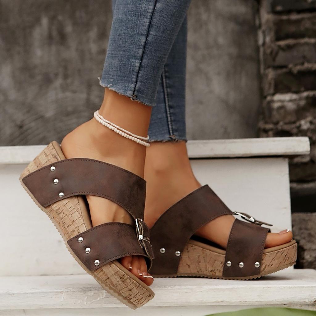 Women Wedge Sandals 2026 Summer Platform Sandals Rubber Sole Buckle Peep Toe Elegant Shoes For Woman Beach Sandalias De Mujer