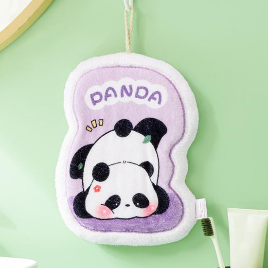 Cartoon Panda Hand Towel Hanging Thickened Washcloth Absorbent Towel with Hanging Ring for Kitchen Bathroom Home Travel