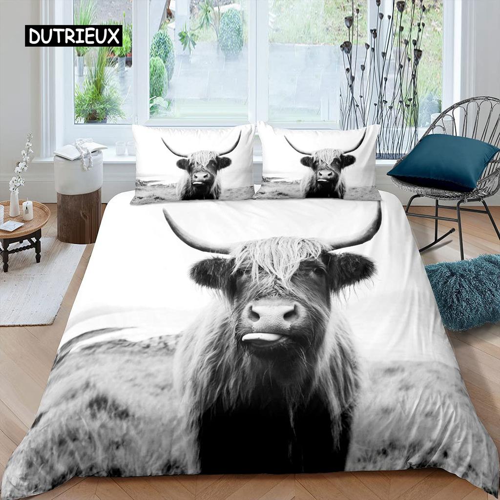 Highland Cow Duvet Cover King Sunflower Black Cattle Bedding Set Microfiber Farm Animal Cow Western Farmhouse Cattle Quilt Cover