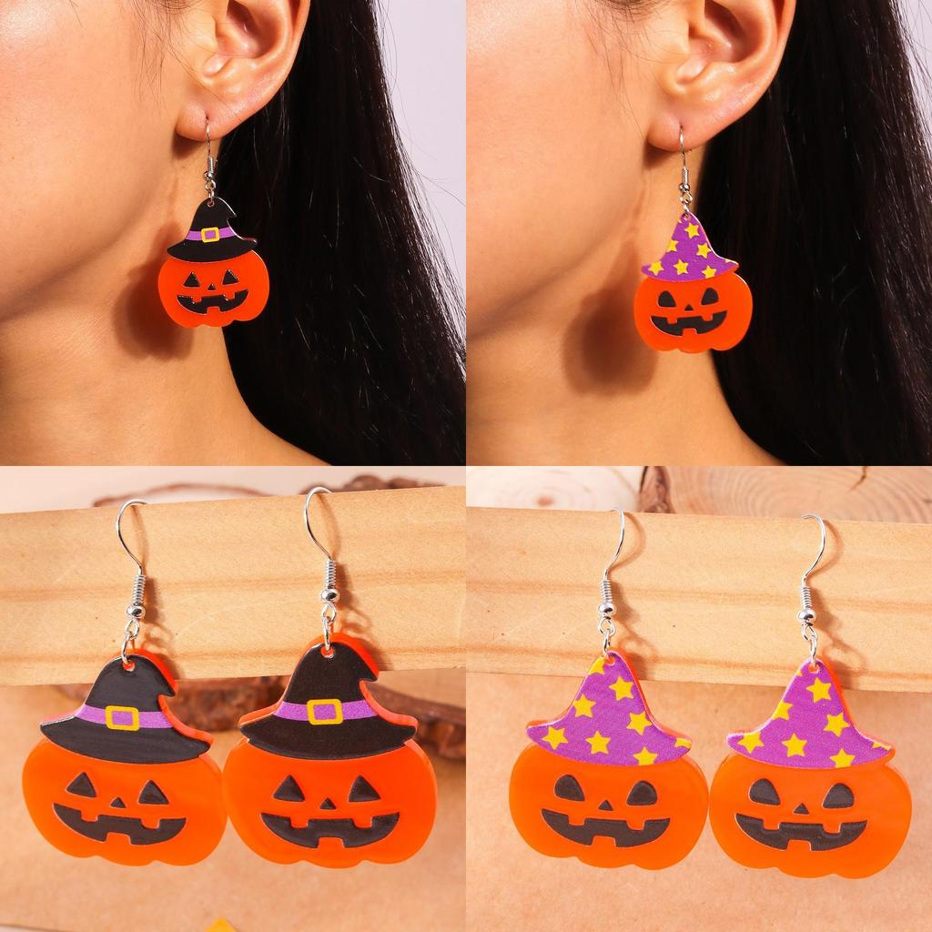 Halloween Themed Hat Pumpkin Pattern Women Acrylic Earring For Unisex Fashion Accessories