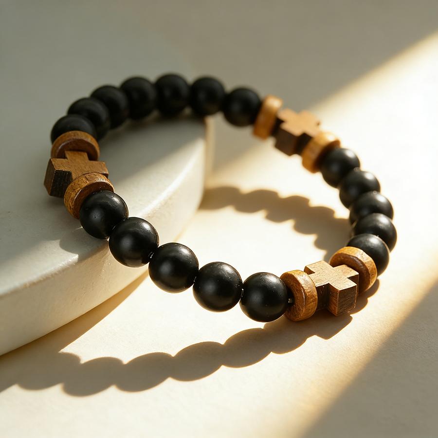 Braccialetto Noter New Cross per Uomo Legno Naturale Meditazione Guarigione Preghiera Charms Braccialetto 3 Opzioni di Colore Accessori Casual da Polso
