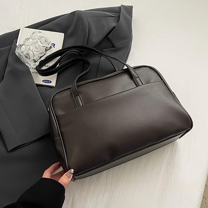Trendy Vintage Leather Large Capacity Tote Bag with Detachable Plush Charm Pretzel Keychain Spacious Daily Commute Shoulder Bag