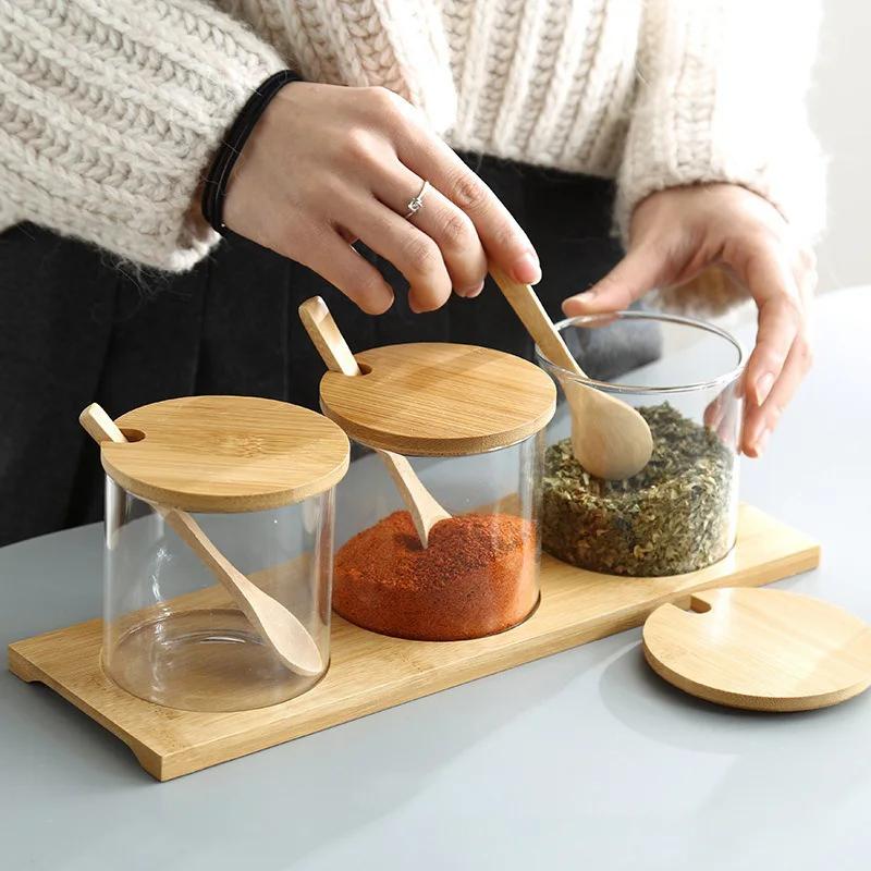 Küchenglas Gewürzbehälter Set Holzdeckel mit Tablett Löffel Klar Gewürz Salz Behälter Staubdicht Kaffeebohnen Organizer Flasche