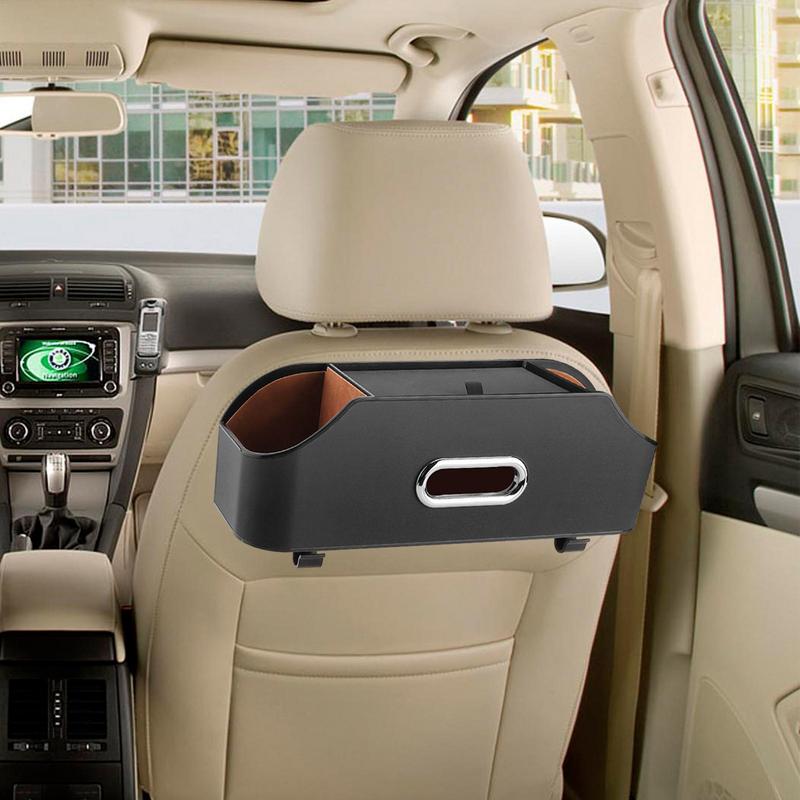 Car Backseat Organizers Backseat PU Leather Tissue Box With 2 Cup Holder Seat Organizer With Hook Multifunctional Car