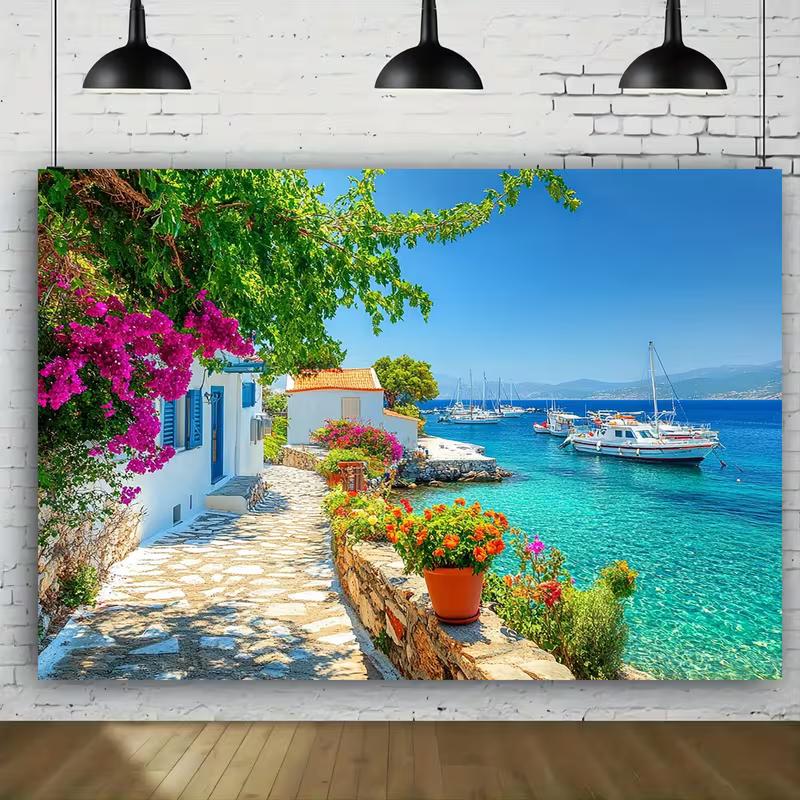 Sfondo Villaggio Greco sul Mare d'Estate Città Costiera Mare Blu Barca Sfondo per Servizio Fotografico