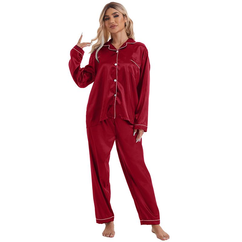 Women's Plus Size Satin Lapel Pajama Set - Long Sleeve & Pants