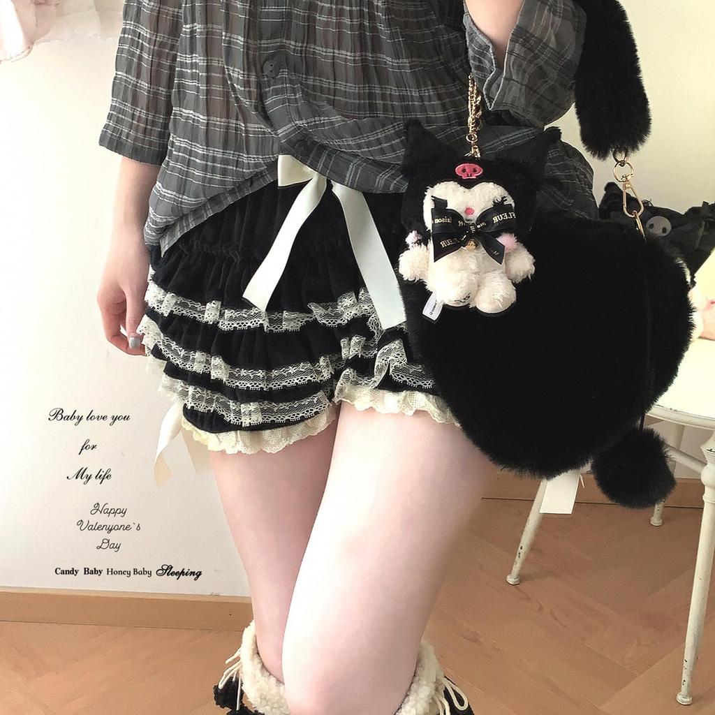 Cute Ruffled Lace Inner Stylish Black [XHSUKADO] Ribbon-Embroidered Pants, Petticoat, Fluffy, Pumpkin-Shaped Pants, Bottoms, Shorts, Women's, Opaque,