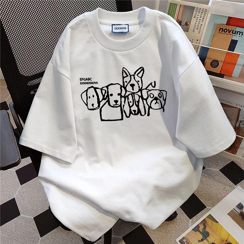 

Cartoon Dog Print Ribbed Short Sleeve T-Shirt Unisex Loose Fit Casual And Versatile Cross-border Hot Sale XXXL білий