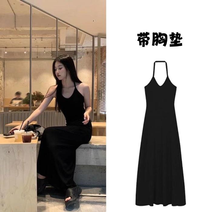 Fashion Casual Neck Dress Women's Summer New Black Design Long Dress Temperament Over the Knee First Love Suspender Skirt