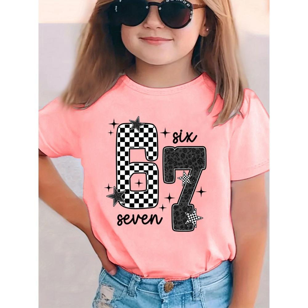 Kids 6 7 Print T-Shirt Short Sleeve Round Neck Casual Top Tees Summer Comfortable Fashion Girl and Boy Clothing