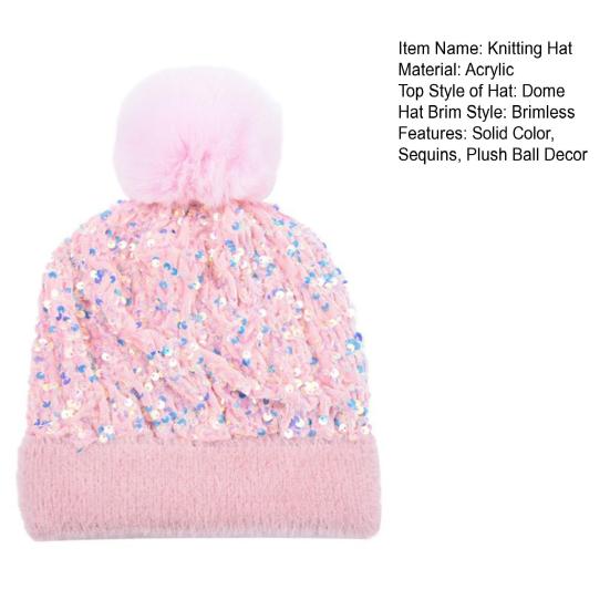 Women Knitting Hat Plush Ball Decor Shiny Sequins Decor Brimless Hat Winter Warm Furry Bucket Hat Headwear