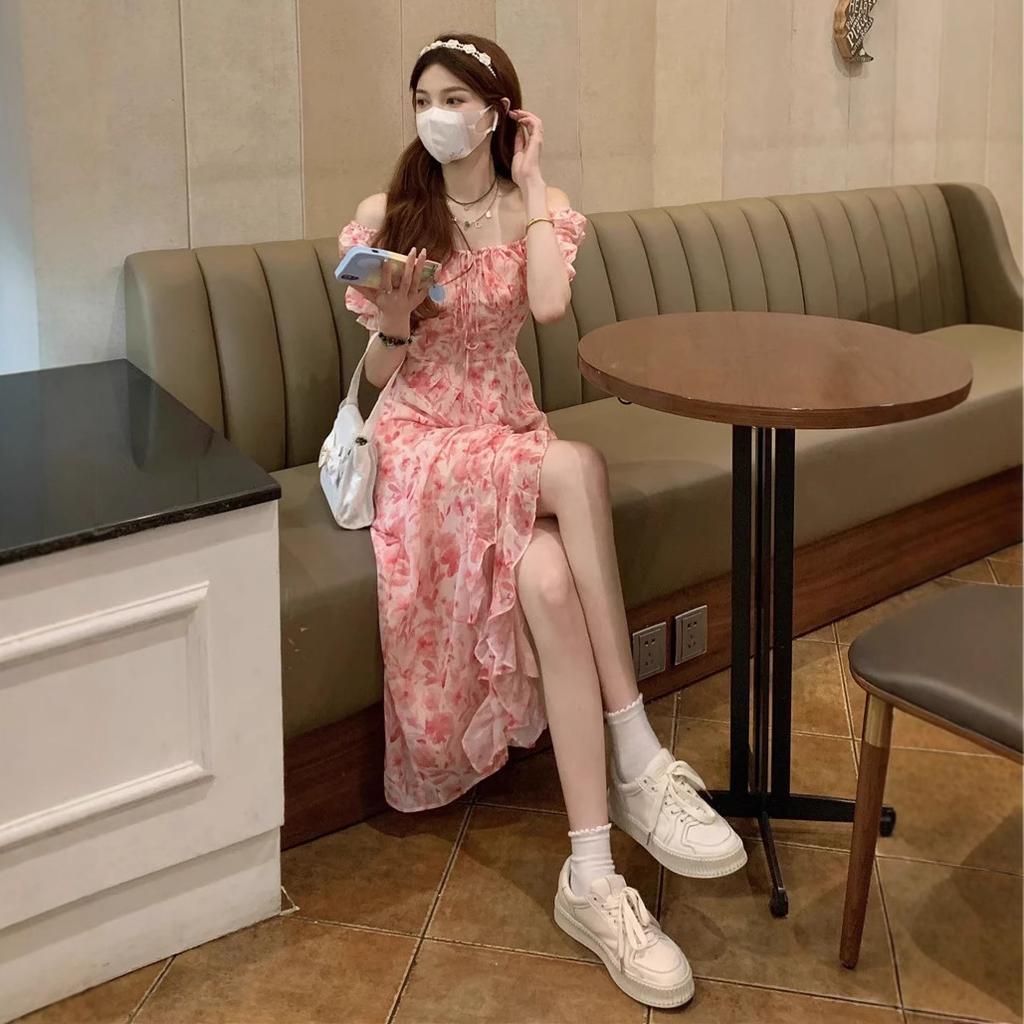 Gentle Wind Tea Break French Platycodon Lotus Leaf Edge Long Dress with Waist Split Square Neck Temperament Chiffon Floral Dress Summer