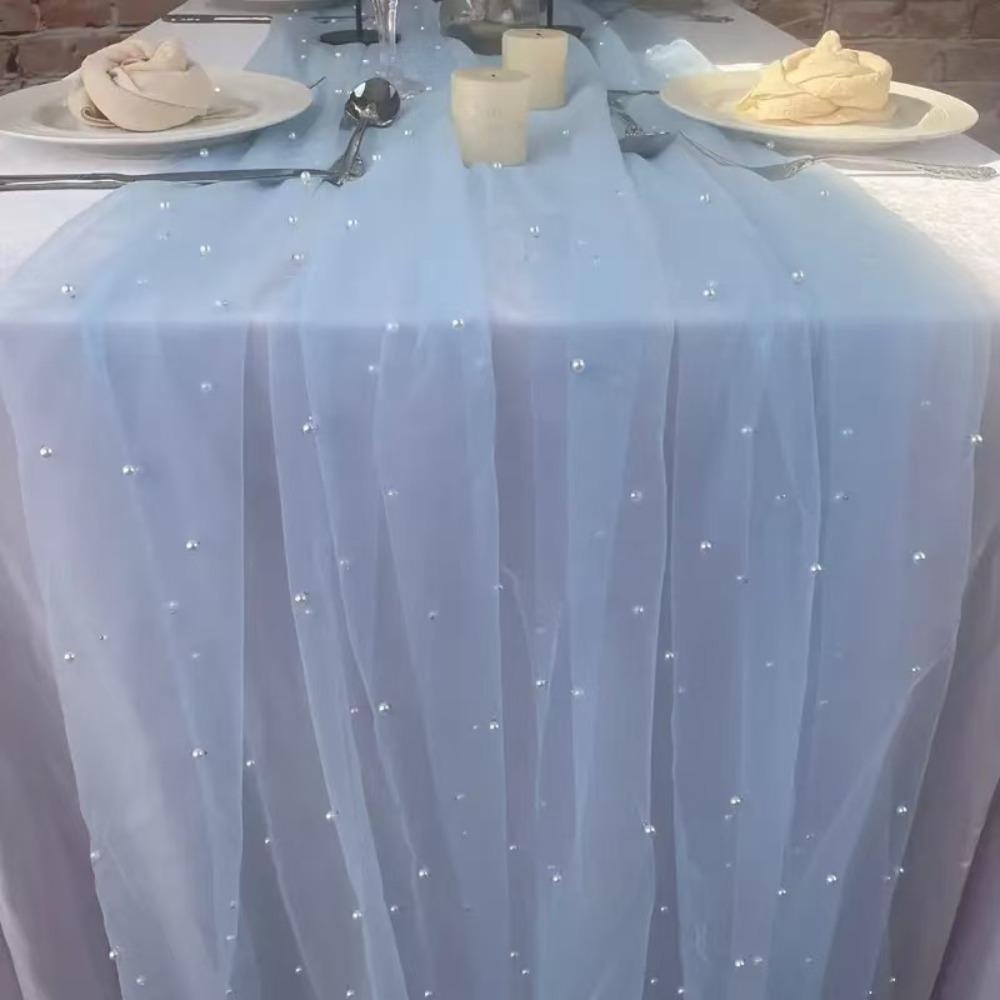 Luxury Pearl Chiffon Runner Semi-Transparent Gauze Tablecloth Dreamy Table Cover Home Decoration