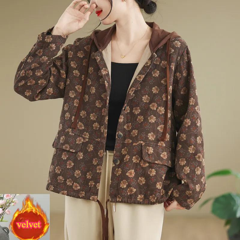 Spring and Autumn Loose Large Size Printing Plus Velvet Thick Hooded Retro Ladies Casual Jacket