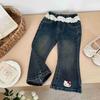 Girls' Cartoon Cat Embroidered Flared Denim Jeans with Lace Waist - Super Sweet Autumn Pants