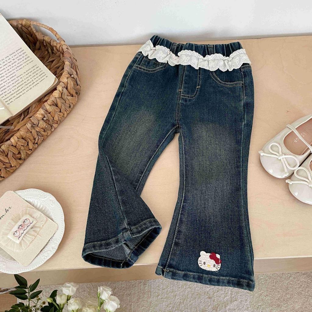 Girls' Cartoon Cat Embroidered Flared Denim Jeans with Lace Waist - Super Sweet Autumn Pants