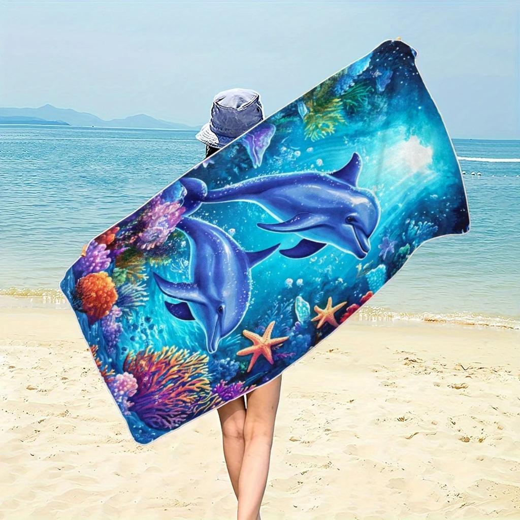 Underwater Dolphin Coral Starfish Print Beach Towel Microfiber Quick Dry Absorbent Soft Towel For Ocean Lovers Summer Beach Pool