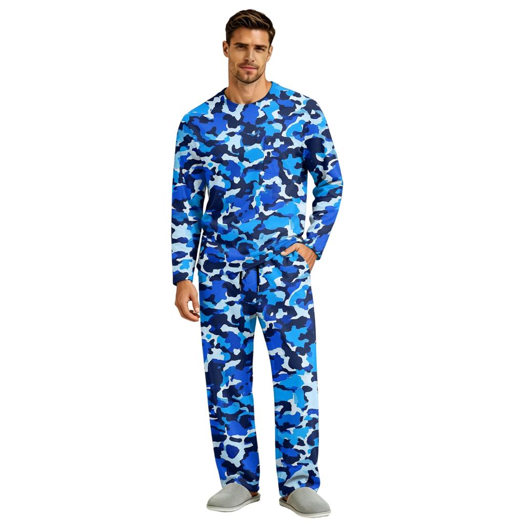 Men's Long Sleeve Pajama Set with Button Crotch and Elastic Drawstring Waist Pants for Home Loungewear