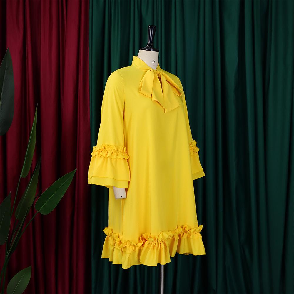 D3248 European & American Plus Size Women's Loose Casual Dress with Ruffle Sleeves and Tie